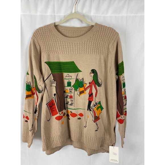 Sweaters - Womens Beige Shopping Scene Graphic Knit Sweater Long Sleeve Crew Neck